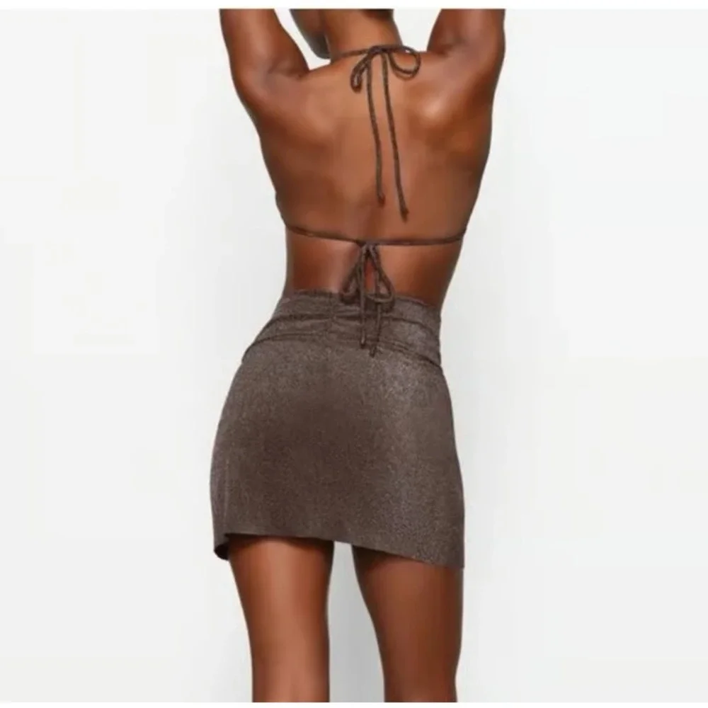 Skims Swim Sarong Mini‎ Skirt NWT Chocolate Brown Glitter Metallic Sz 2X Stretch